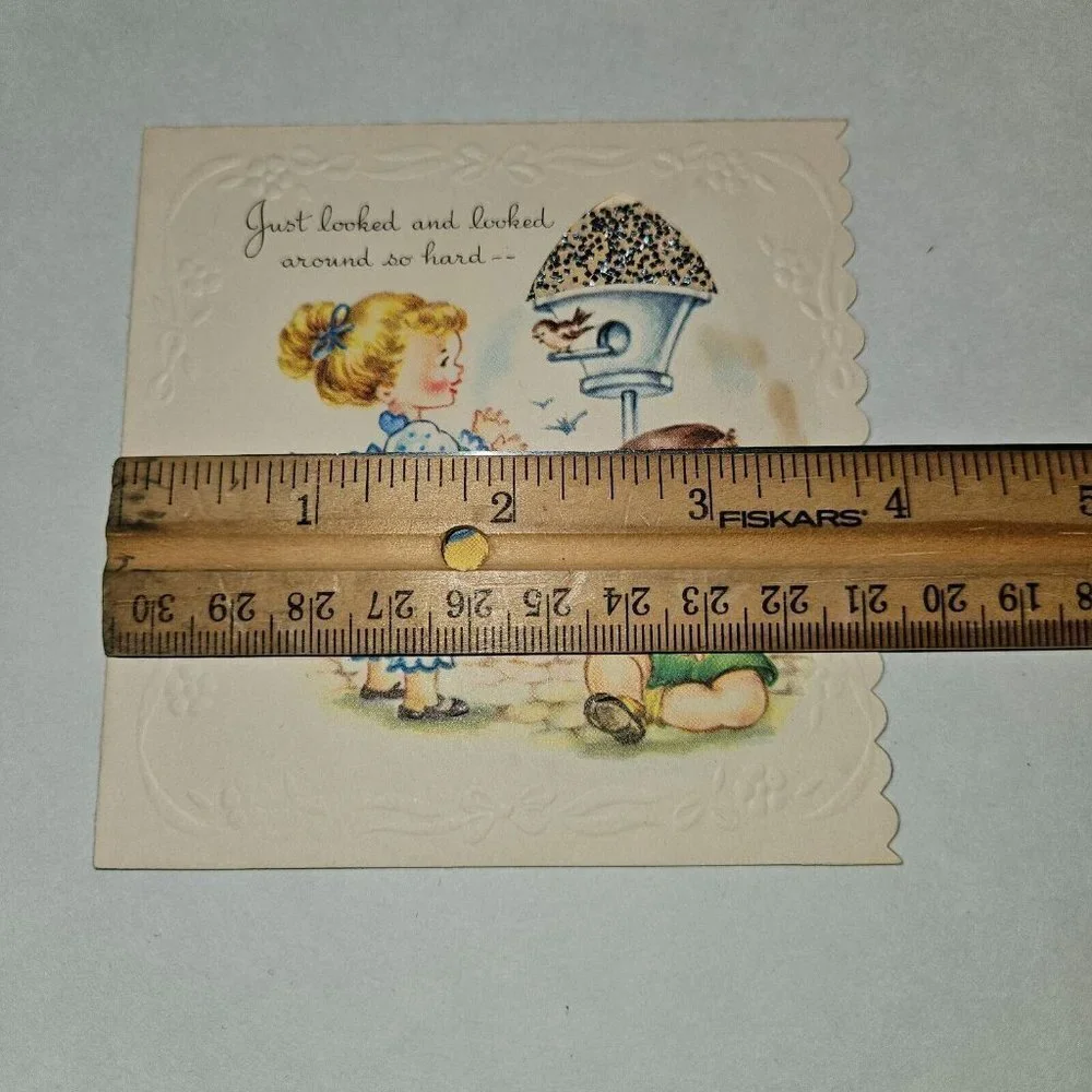 VTG Get Well Greeting Card Boy Girl Gay Birds Whistling Tune Scalloped Edge 4x4